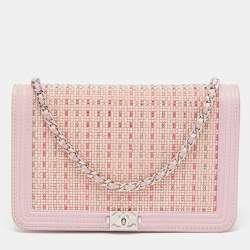 Pre Owned Chanel Light Pink Leather Crystals Embellished Boy Wallet On Chain