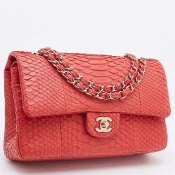 Pre Owned Chanel Red Python Medium Classic Double Flap Bag