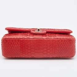 Pre Owned Chanel Red Python Medium Classic Double Flap Bag