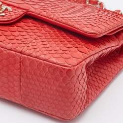 Pre Owned Chanel Red Python Medium Classic Double Flap Bag