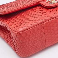 Pre Owned Chanel Red Python Medium Classic Double Flap Bag