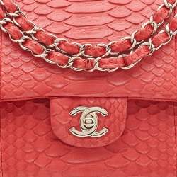Pre Owned Chanel Red Python Medium Classic Double Flap Bag