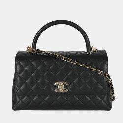 Pre Owned Chanel Black Quilted Caviar Medium Coco Top Handle Flap Bag