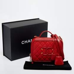Pre Owned Chanel Red Quilted Caviar Leather Medium CC Filigree Vanity Case Bag