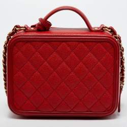 Pre Owned Chanel Red Quilted Caviar Leather Medium CC Filigree Vanity Case Bag