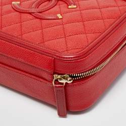 Pre Owned Chanel Red Quilted Caviar Leather Medium CC Filigree Vanity Case Bag