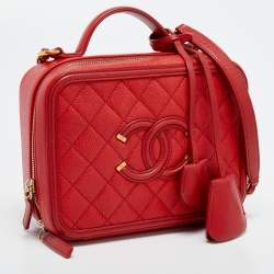 Pre Owned Chanel Red Quilted Caviar Leather Medium CC Filigree Vanity Case Bag