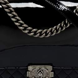 Pre Owned Chanel Black Patent Leather New Medium Reverso Boy Flap Bag