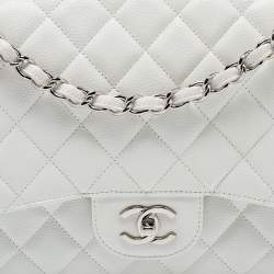 Pre Owned Chanel White Quilted Caviar Leather Jumbo Classic Double Flap Bag