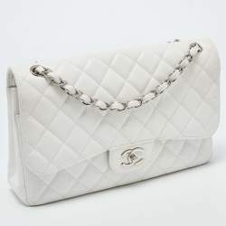 Pre Owned Chanel White Quilted Caviar Leather Jumbo Classic Double Flap Bag
