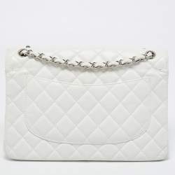 Pre Owned Chanel White Quilted Caviar Leather Jumbo Classic Double Flap Bag