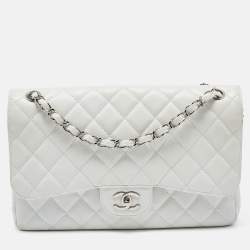 Chanel White Quilted Caviar Leather Jumbo Classic Double Flap Bag Chanel