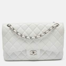 Chanel Quilted Classic Jumbo Double Flap Bag in White Caviar with  Silver-Tone Metal Hardware