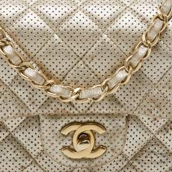 Pre Owned Chanel Gold Perforated Leather CC Square Flap Bag