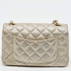 Pre Owned Chanel Gold Perforated Leather CC Square Flap Bag