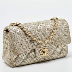 Pre Owned Chanel Gold Perforated Leather CC Square Flap Bag