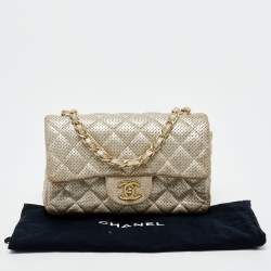Pre Owned Chanel Gold Perforated Leather CC Square Flap Bag