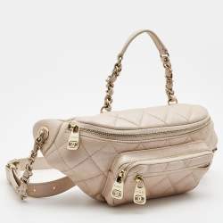 Pre Owned Chanel Beige Quilted Shimmer Leather Fanny Pack Waistbelt Bag