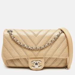 Pre Owned Chanel Metallic Beige Studded Chevron Leather Stud Wars CC Flap Crossbody Bag
