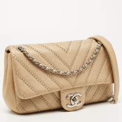 Pre Owned Chanel Metallic Beige Studded Chevron Leather Stud Wars CC Flap Crossbody Bag