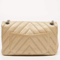 Pre Owned Chanel Metallic Beige Studded Chevron Leather Stud Wars CC Flap Crossbody Bag