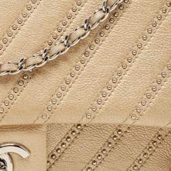Pre Owned Chanel Metallic Beige Studded Chevron Leather Stud Wars CC Flap Crossbody Bag