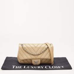 Pre Owned Chanel Metallic Beige Studded Chevron Leather Stud Wars CC Flap Crossbody Bag