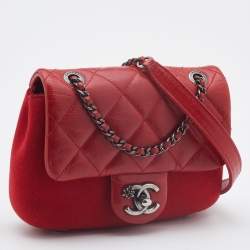 Pre Owned Chanel Red Quilted Leather and Felt Paris Salzburg Flap Shoulder Bag