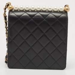 Pre Owned Chanel Black Quilted Leather Chic Pearls Flap Bag