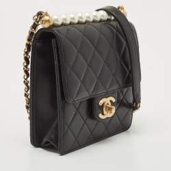Pre Owned Chanel Black Quilted Leather Chic Pearls Flap Bag
