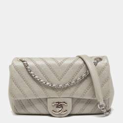 Chanel Metallic Grey Chevron Leather Studded Small Classic Flap Bag Chanel
