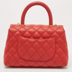 Pre Owned Chanel Red Quilted Caviar Leather Mini Coco Top Handle Bag