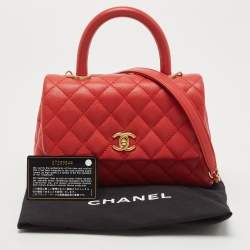 Pre Owned Chanel Red Quilted Caviar Leather Mini Coco Top Handle Bag