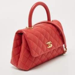 Pre Owned Chanel Red Quilted Caviar Leather Mini Coco Top Handle Bag