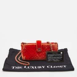 Pre Owned Chanel Orange Quilted Velvet CC Mini Phone Holder Clutch