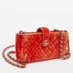 Pre Owned Chanel Orange Quilted Velvet CC Mini Phone Holder Clutch