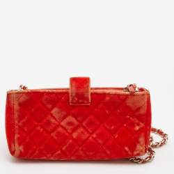 Pre Owned Chanel Orange Quilted Velvet CC Mini Phone Holder Clutch