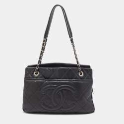 Pre Owned Chanel Black Quilted Caviar Soft Leather Medium Timeless Shopping Tote