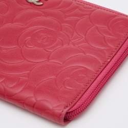 Chanel Pink Leather CC Camellia Zip Around Wallet Organizer 