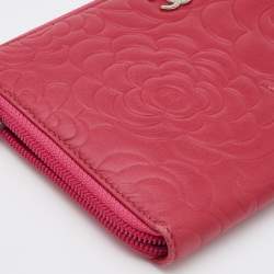 Chanel Pink Leather CC Camellia Zip Around Wallet Organizer 