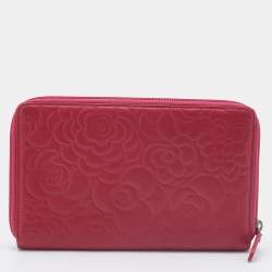 Chanel Pink Leather CC Camellia Zip Around Wallet Organizer 