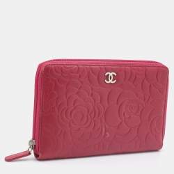 Chanel Pink Leather CC Camellia Zip Around Wallet Organizer 