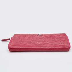 Chanel Pink Leather CC Camellia Zip Around Wallet Organizer 
