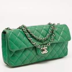 Pre Owned Chanel Green Quilted Perforated Leather East/West Classic Flap Bag