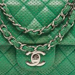 Pre Owned Chanel Green Quilted Perforated Leather East/West Classic Flap Bag