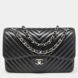 Chanel Black Chevron Quilted Caviar Leather Jumbo Classic Double Flap Bag  Chanel