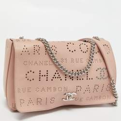 Pre Owned Chanel Light Pink Leather Perforated Logo Flap Bag