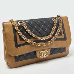 Pre Owned Chanel Gold/Black Quilted Leather Flap Shoulder Bag