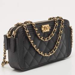 Chanel Black Quilted Leather Boy Zip Around Wallet On Chain