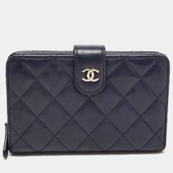 Pre Owned Chanel Navy Blue Quilted Leather CC French Wallet